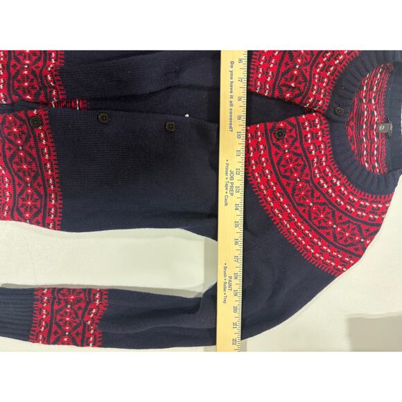 Talbots Petites Wool Fair Isle Cardigan Sweater Navy Red MP Nordic Winter Knit - Picture 8 of 9